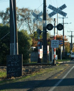 coffee food on the bus at railway crossing