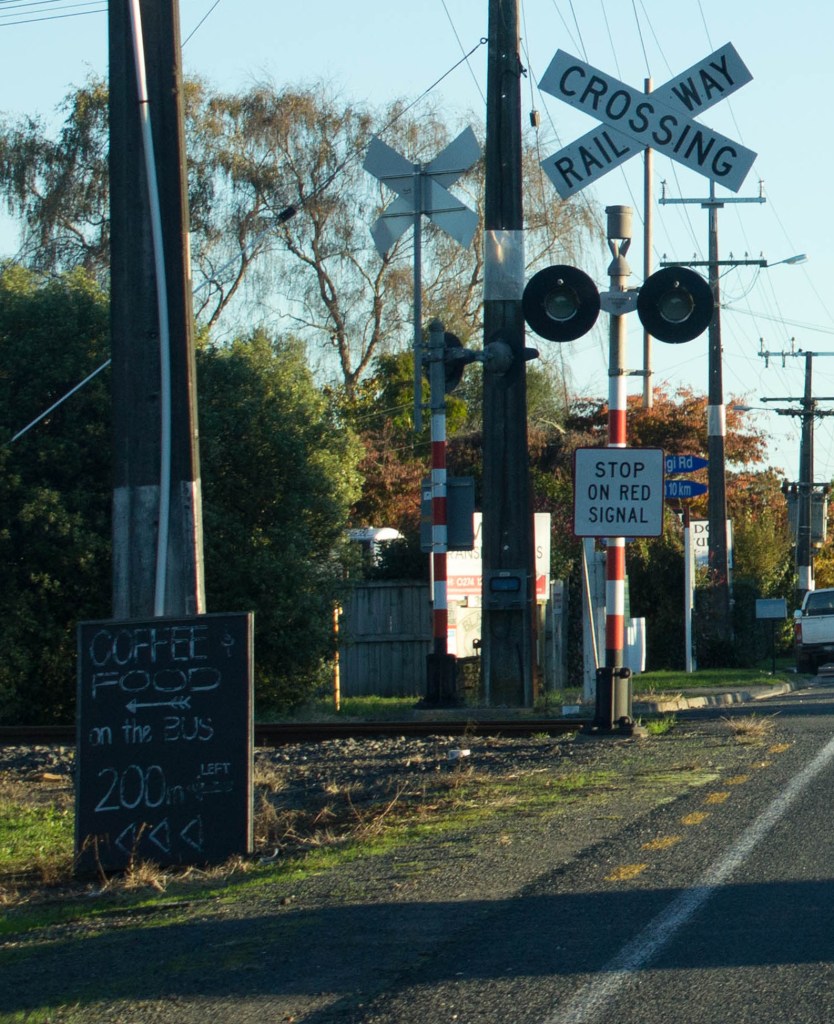 coffee food on the bus at railway crossing